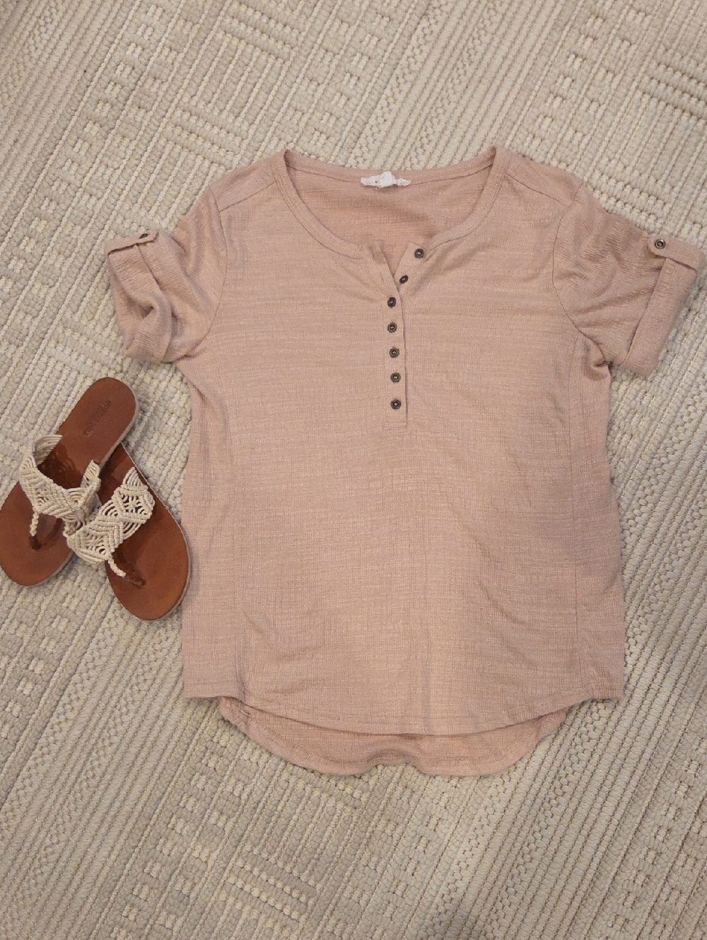 Women's Short Sleeve Henley Top - Blush Pink